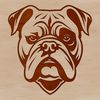A detailed illustration of a bulldog's head with wrinkled skin and a short snout.