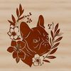 A vector illustration of a Boston Terrier's head in a simple floral pattern.