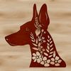 Doberman Pinscher SVG Illustration A detailed illustration of a Doberman Pinscher's head with ornate floral patterns in its design.
