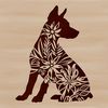 Doberman Illustration in Floral Setting A detailed illustration of a Doberman Pinscher sitting in a floral ornate setting.