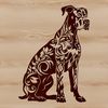 A large breed dog with distinctive features sitting on a background.