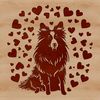 Shetland Sheepdog Breed Illustration with Heart Background A breed-specific illustration of a Shetland Sheepdog sitting on a background with heart symbols.