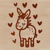 A cute donkey standing in a fun, playful pose, surrounded by love hearts.