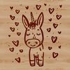 A cute donkey standing with love hearts surrounding it.