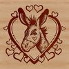 A simple line drawing of a donkey's head with love hearts surrounding it.