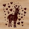 A stylized illustration of a standing donkey with love hearts surrounding its body.