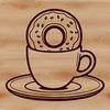 A illustration of a donut sitting on top of a coffee cup, surrounded by circular shapes.