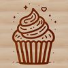 A 2D illustration of a single chocolate cupcake with frosting and sprinkles.