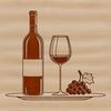 A wine bottle with a glass in front of it, ready to be poured.