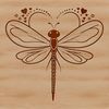 A detailed illustration of a dragonfly with love hearts surrounding its body.