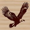 A close-up illustration of a majestic eagle in flight, its feathers spread wide against the sky.