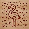 A single flamingo standing in a natural environment, surrounded by stylized love hearts.