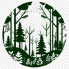 A stylized illustration of a dense forest with tall trees and lush foliage.