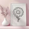 Beautiful Black and White Daisy Illustration High-resolution digital illustration of a single daisy bloom in black and white design style.