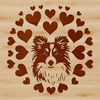 Adorable Shetland Sheepdog Portrait with Love Hearts A digital illustration of a Shetland Sheepdog's head with intricate love hearts surrounding its features.