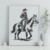 Cowboy Silhouette on Horseback A stylized illustration of a cowboy riding a horse in the wild west.