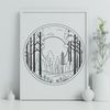 A vector graphic representation of a woodland landscape featuring numerous trees and greenery.
