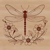 A vibrant illustration of a dragonfly perched on a floral stem.