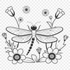 Dragonfly Vector Art with Floral Patterns A detailed illustration of a dragonfly in mid-air, with intricate patterns inspired by floral elements.