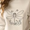 Free floral clip art featuring a majestic dragonfly design A colorful illustration of a dragonfly surrounded by flowers in various colors.