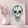 Dripping Skull Graphic Design A dripping skull graphic with gothic design elements, suitable for Halloween decorations and designs.