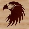 A close-up illustration of an eagle's head with feathers and sharp beak.