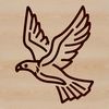A simple line drawing of a soaring bird with outstretched wings.