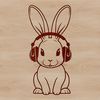 Cute Cartoon Rabbit Character A cartoon-style rabbit character sitting on the ground with headphones on its head.