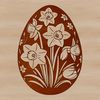 Colorful Daffodil Blooms Surround a Vibrant Egg A stylized digital illustration of a traditional Easter egg surrounded by daffodils.