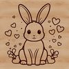 A cartoon rabbit sitting with love hearts surrounding it, suitable for Easter-themed designs.