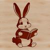 An anthropomorphic white rabbit perched comfortably, holding a book in front of it.
