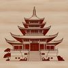 A stylized illustration of a traditional Buddhist temple with intricate architectural details.