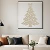 A stylized illustration of a traditional Christmas tree with festive lights and ornaments.
