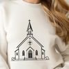 Simple Church Silhouette with Steep Roof A simple outline illustration of a traditional Baptist church building with a steeply pitched roof and symmetrical facade.