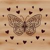 A colorful butterfly with ornate details and love hearts, suitable for gardening-themed designs.