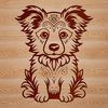 An ornate line drawing of a Shetland sheepdog in a seated position.