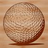 A stylized illustration of a golf ball on a green lawn.