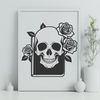 Elegant Skull with Roses SVG A stylized gothic skull with intricate details surrounded by a floral motif.