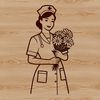 Female nurse with floral patterned uniform.
