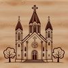 A detailed outline of a traditional Catholic church building with Gothic architecture.