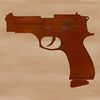 A detailed illustration of a hand-held firearm with various design elements.