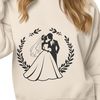 Whimsical Bride and Groom Scene Illustrative vector design of a wedding, featuring a bride and groom in a romantic setting.