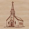 A detailed illustration of a church exterior with architectural elements.