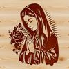 Ornate illustration of the Virgin Mary with floral motifs and intricate details.
