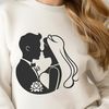 Illustrated wedding scene with bride and groom, suitable for vector art projects.