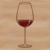A stylized illustration of a wine glass filled with red wine.