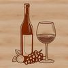 A stylized illustration of a bottle of wine with a glass beside it.