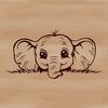 A cute elephant peeking out from behind a tree trunk.