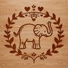 An ornate illustration of a standing African elephant featuring love hearts.