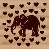 An elephant standing on its hind legs, surrounded by red love hearts in a stylized design.